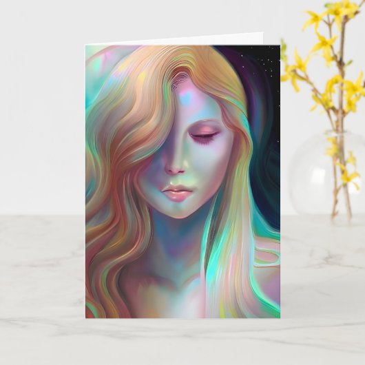 Pearlescent Fantasy AI Art Etherische Vrouw Kaart (Gele Bloem)