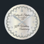 Pearls and Diamonds 30th Wedding Jubileum Ronde Klok<br><div class="desc">Opulent elegance lijsten dit 30e trouwverjaardagsontwerp in een uniek diamantontwerp met midden-traardrudiamant en parelaccenten in plaats van getallen en faux toegevoegde sparkles op een witte gouden gradiënt. Let erop dat alle opschriften gedrukt zijn en alleen gemaakt zijn om zo echt mogelijk te lijken in een vlak, gedrukt ontwerp. Hieronder vallen...</div>