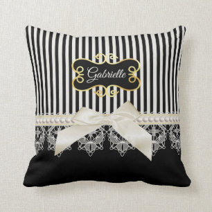 Pearls and Lace Black Stripes Cream Bow Gold Name Kussen