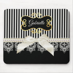 Pearls and Lace Black Stripes Cream Bow Gold Name Muismat