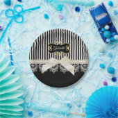 Pearls and Lace Black Stripes Cream Bow Gold Name Papieren Bordje (Feest)