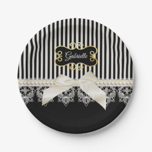 Pearls and Lace Black Stripes Cream Bow Gold Name Papieren Bordje