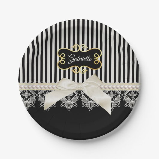 Pearls and Lace Black Stripes Cream Bow Gold Name Papieren Bordje (Voorkant)