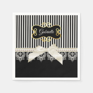 Pearls and Lace Black Stripes Cream Bow Gold Name Servet