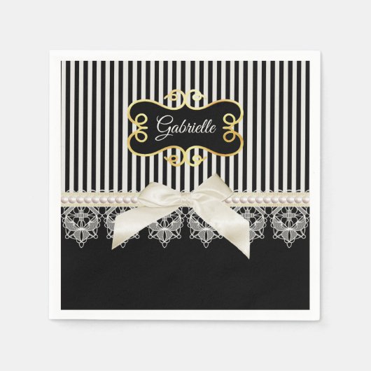 Pearls and Lace Black Stripes Cream Bow Gold Name Servet (Voorkant)