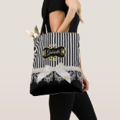 Pearls and Lace Black Stripes Cream Bow Gold Name Tote Bag (Dichtbij)