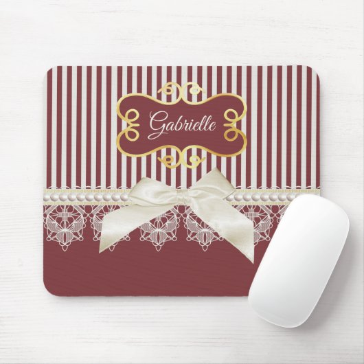 Pearls and Lace Deep Red Stripes Bow and Name Muismat (Met muis)