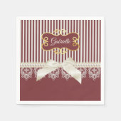 Pearls and Lace Deep Red Stripes Bow and Name Servet (Voorkant)