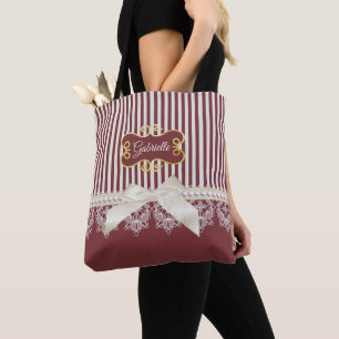 Pearls and Lace Deep Red Stripes Bow and Name Tote Bag