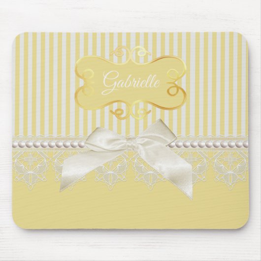 Pearls and Lace Gold Stripes Ivory Bow met naam Muismat (Voorkant)