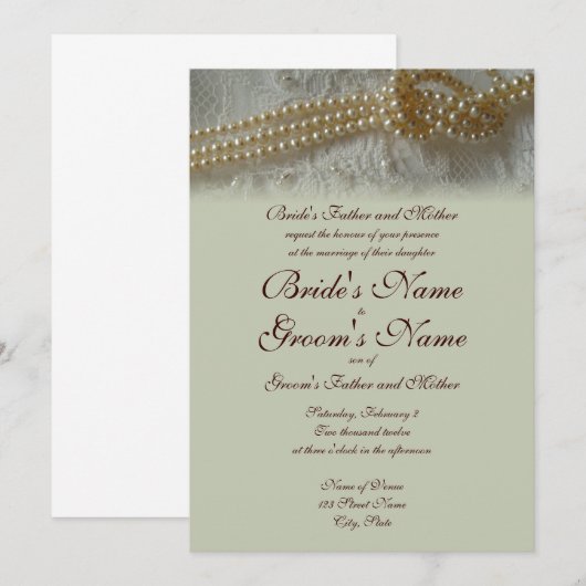 Pearls and Lace Wedding Invitation (Formele uitnod Kaart (Voorkant / Achterkant)