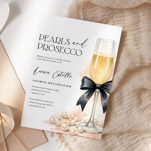 Pearls and Prosecco Black Bow Bridal Shower Kaart
