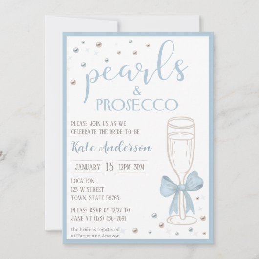 Pearls and Prosecco Blue Bow Bridal Shower Kaart (Voorkant)