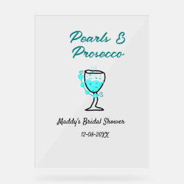 Pearls and prosecco bridal shower blue black name  acryl bord