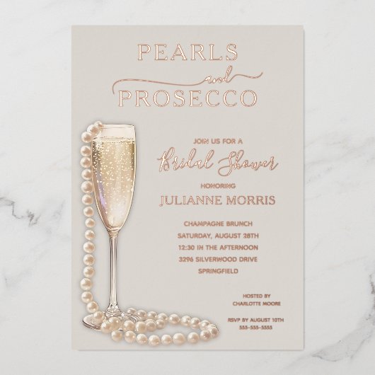 Pearls and Prosecco Bridal Shower Brunch & Bubbly Folie Uitnodiging (Voorkant)