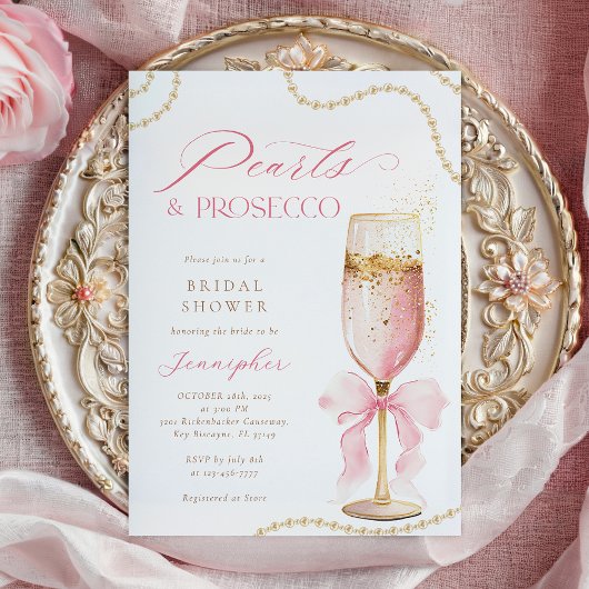 Pearls and Prosecco Pink Bow Bridal Shower Kaart