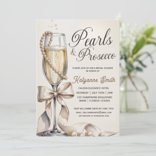Pearls and Prosecco White Bow Bridal Shower  Kaart (Staand voorkant)