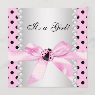 Pearls Black Pink Ladybug Baby Girl Shower Kaart