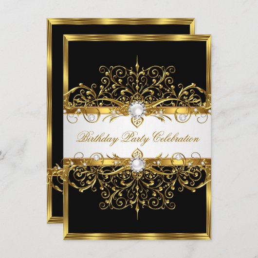 Pearls Black White Gold Elegant Birthday Party Kaart (Voorkant / Achterkant)