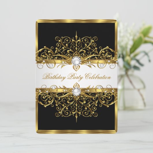 Pearls Black White Gold Elegant Birthday Party Kaart (Staand voorkant)