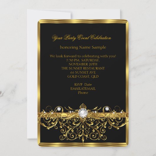 Pearls Black White Gold Elegant Birthday Party Kaart (Achterkant)