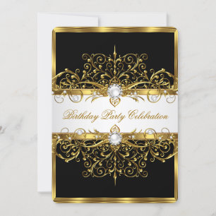 Pearls Black White Gold Elegant Birthday Party Kaart