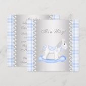 Pearls Blue Gingham Rocking Horse Baby Boy Shower Kaart (Voorkant / Achterkant)