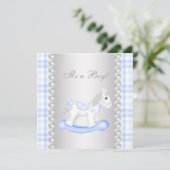 Pearls Blue Gingham Rocking Horse Baby Boy Shower Kaart (Staand voorkant)