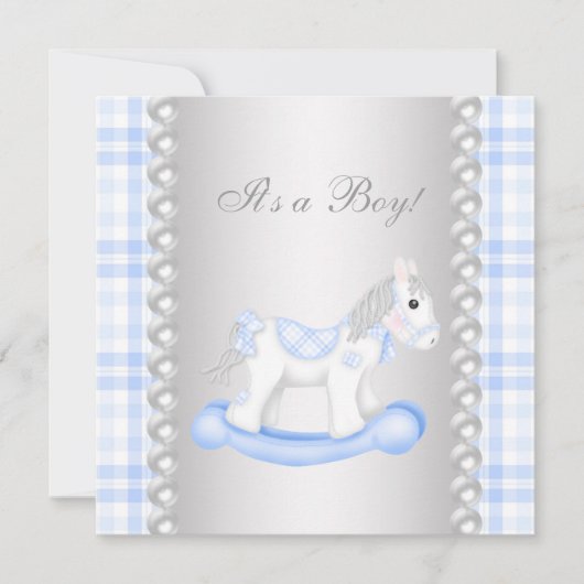 Pearls Blue Gingham Rocking Horse Baby Boy Shower Kaart (Voorkant)