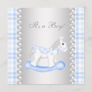 Pearls Blue Gingham Rocking Horse Baby Boy Shower Kaart
