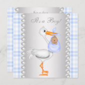 Pearls Blue Gingham Stork Baby Boy Shower Kaart (Voorkant / Achterkant)