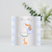 Pearls Blue Gingham Stork Baby Boy Shower Kaart (Staand voorkant)