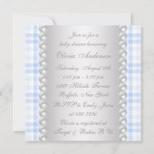 Pearls Blue Gingham Stork Baby Boy Shower Kaart (Achterkant)