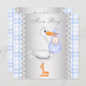 Pearls Blue Gingham Stork Baby shower Kaart (Voorkant / Achterkant)