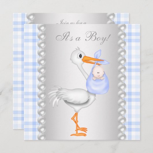 Pearls Blue Gingham Stork Baby shower Kaart (Voorkant / Achterkant)