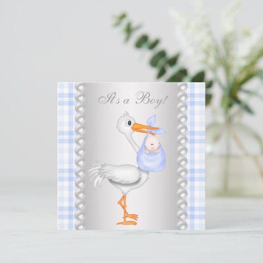 Pearls Blue Gingham Stork Baby shower Kaart (Staand voorkant)