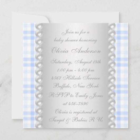 Pearls Blue Gingham Stork Baby shower Kaart (Achterkant)