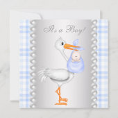 Pearls Blue Gingham Stork Baby shower Kaart (Voorkant)