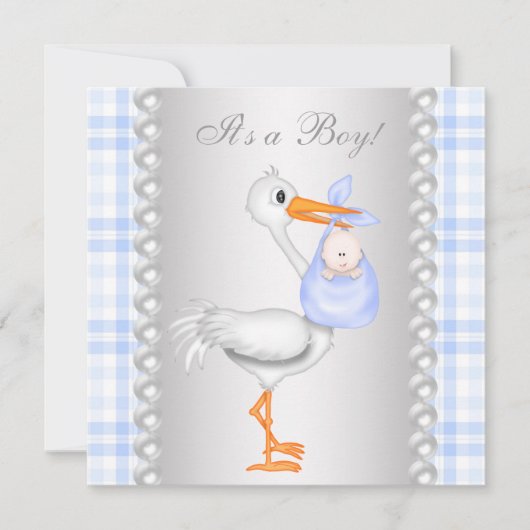 Pearls Blue Gingham Stork Baby shower Kaart (Voorkant)