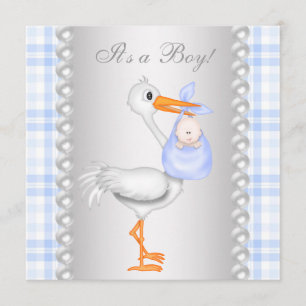 Pearls Blue Gingham Stork Baby shower Kaart
