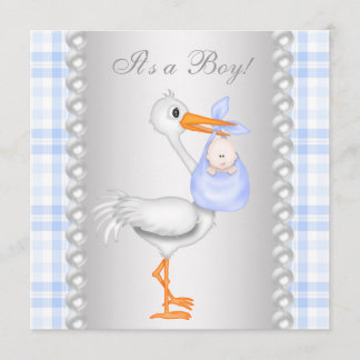 Pearls Blue Gingham Stork Baby shower Kaart