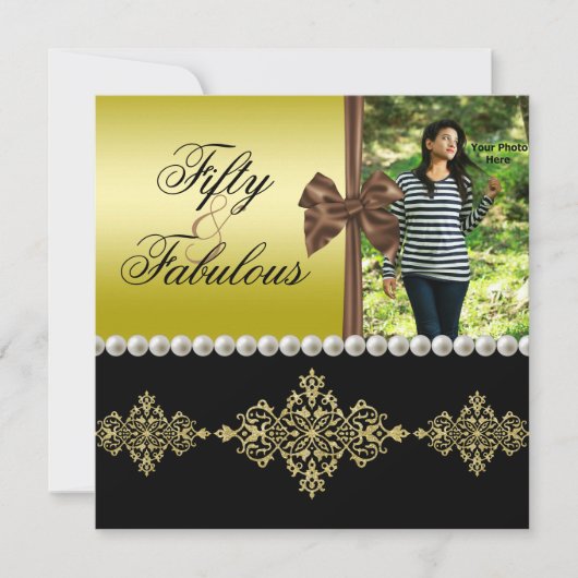 Pearls & Bow Gold & Black Fabulous 50 fotovrouwen Kaart (Voorkant)