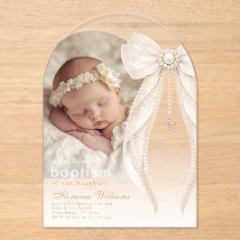 Pearls Bow Ivory elegant Arch Photo Baptism Acryl Uitnodigingen
