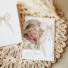 Pearls Bow Ivory elegant Arch Photo Baptism Kaart