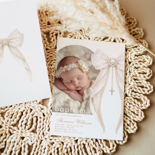 Pearls Bow Ivory elegant Arch Photo Baptism Kaart