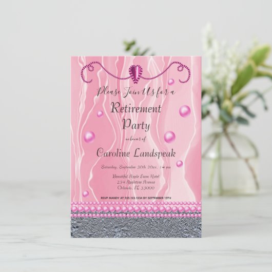Pearls & Bright roze Silk Retirement Party Kaart (Staand voorkant)