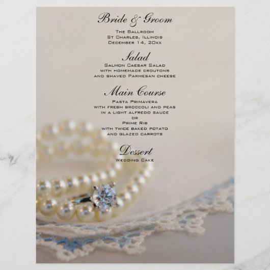 Pearls, Diamond Ring and Blue Lace Wedding Menu (Voorkant)