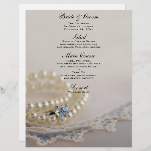 Pearls, Diamond Ring and Blue Lace Wedding Menu (Voorkant / Achterkant)