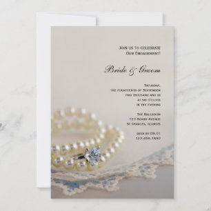 Pearls, Diamond Ring, Blue Lace Engagement Party Kaart