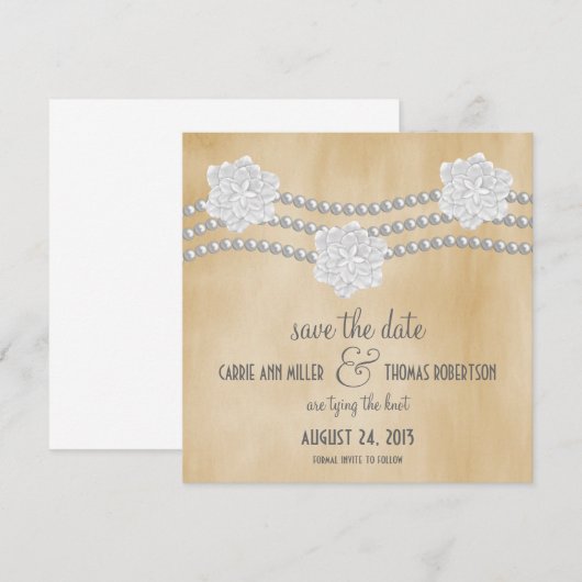 Pearls en Flowers Save the Date Invite, Ivory (Voorkant / Achterkant)